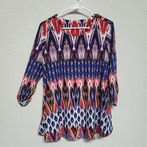 Pullover Top Blouse Womens Medium Ikat Abstract Print Swing style A Line Casual
